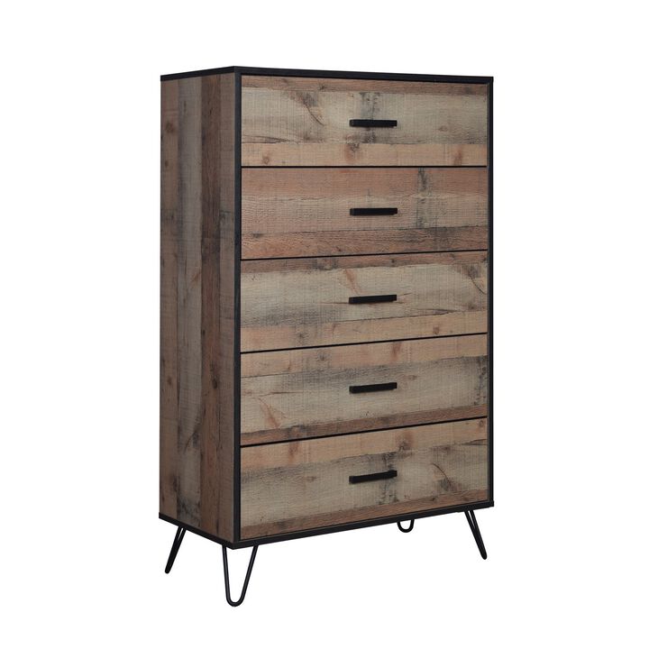 Lala 50 Inch Tall Dresser Chest, 5 Drawers, Black Handles, Rustic Brown - Benzara