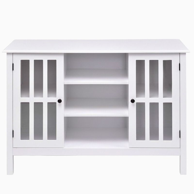 Hivvago White Wood Sofa Table Console Cabinet with Tempered Glass Panel Doors