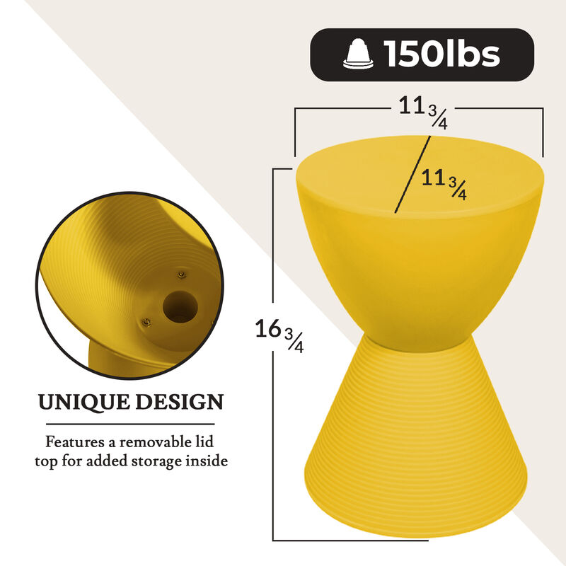 LeisureMod Modern ABS Shell Ribbed Hourglass Accent Drum Side Table with Removable Lid for Storage Indoor and Outdoor Use