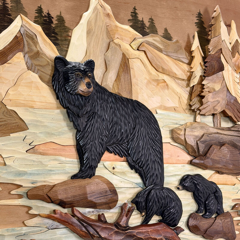 Bear Family River 25.5x34 Intarsia Wood Wall Sculpture Rustic Cabin Art image number 3
