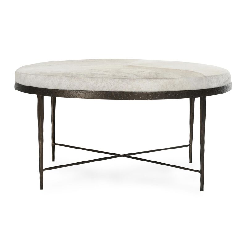 Ocea Round Coffee Cocktail Table, Ivory Leather Hide, Iron 36 Inch