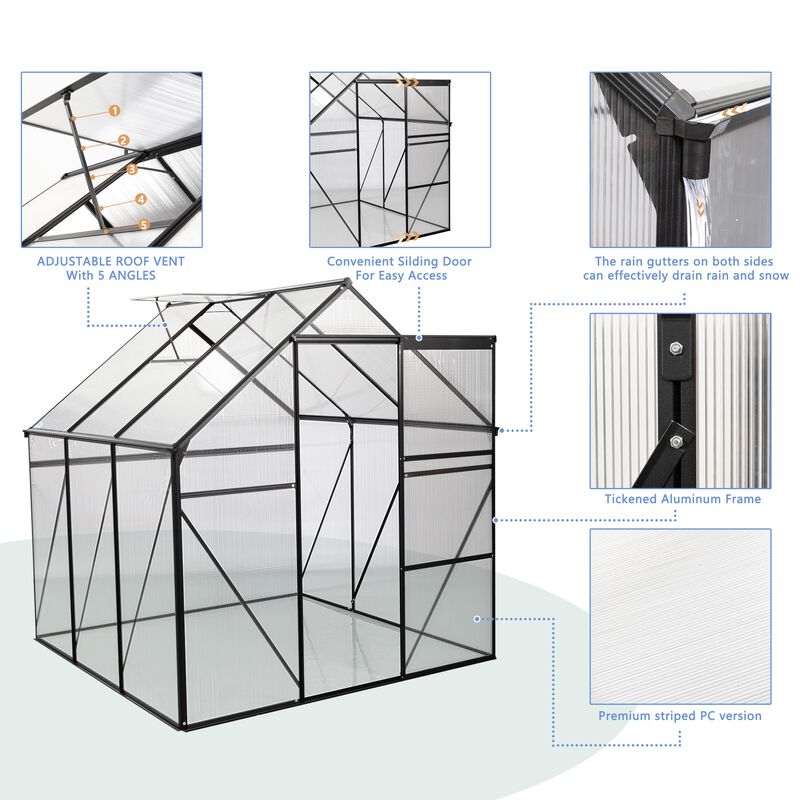 6X6FT BLACK Polycarbonate Greenhouse Raised Base and Anchor Aluminum Heavy Duty Walk-in Greenhouses image number 4