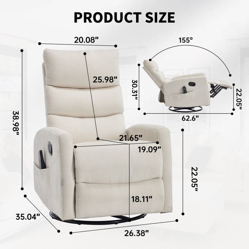 Chenille Manual Recliner Chair Swivel Rocker Recliner with Heat & Massage image number 2