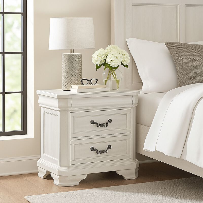 Lynda Nightstand, 2 Drawers Metal Handles, White Acacia Wood 27 Inch