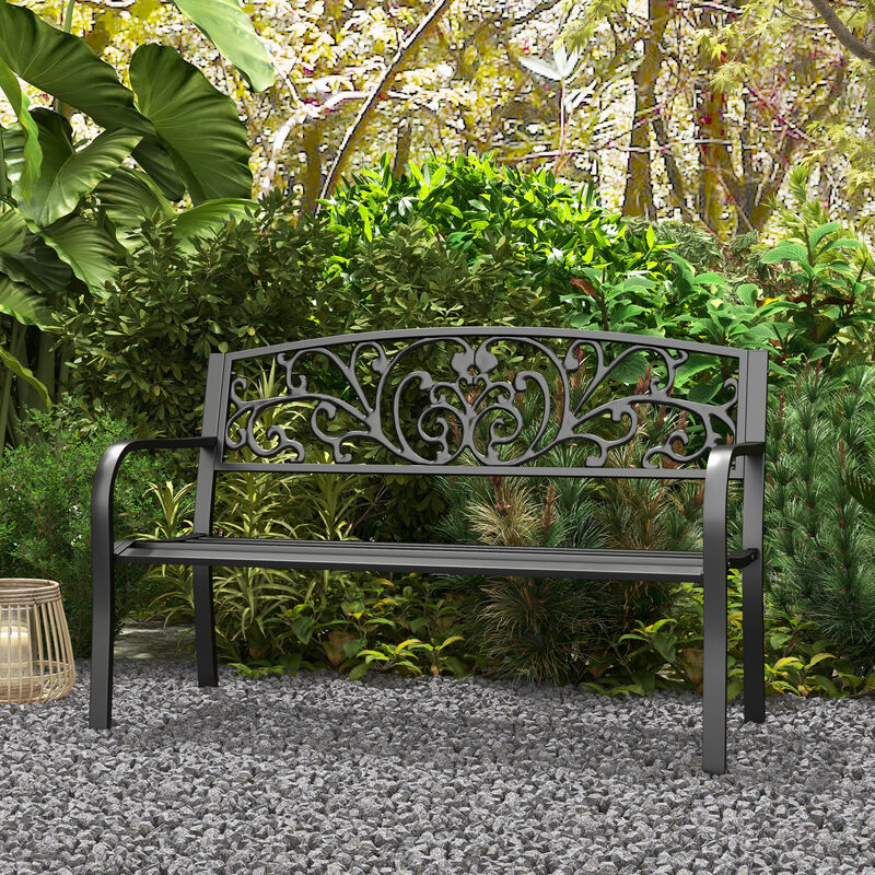 Hivvago 50" Outdoor Bench with Floral Backrest and Slatted Seat image number 7