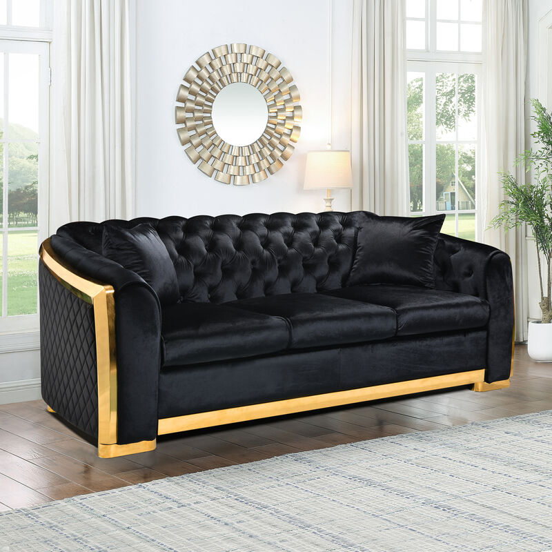 Tufted Velvet Sofa Set, Black with Gold Stainless. image number 9