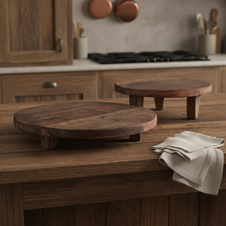 HomeRoots Set of Two Brown Reclaimed Wood Handmade Round Riser Trays