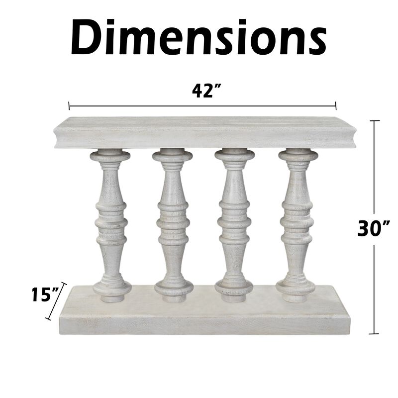 Sofa Console Table, 42 Inch Top, Sandlasted Washed White Mango Wood, Turned Pillar Legs image number 3