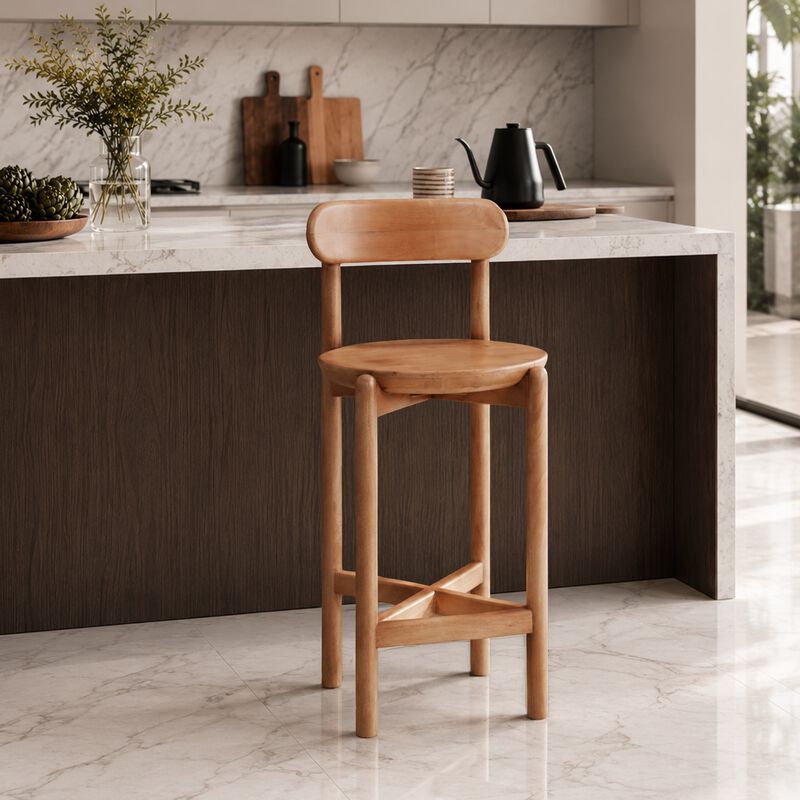 Maona Counter Stool Chair with Round Seat, Curved Open Back, Natural Brown Mango Wood image number 8