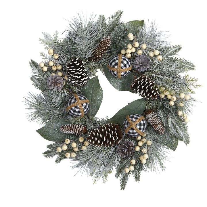 Nearly Natural 24-in Snow Tipped Holiday Artificial Wreath with Berries, Pine Cones and Ornaments