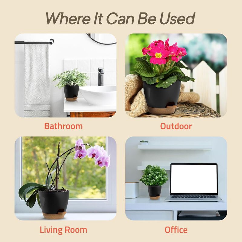 20-pack black self-watering plant pots with wick rope, drainage holes, and easy watering lip. Lightweight plastic design ideal for succulents, herbs, and houseplants indoors or outdoors. image number 9