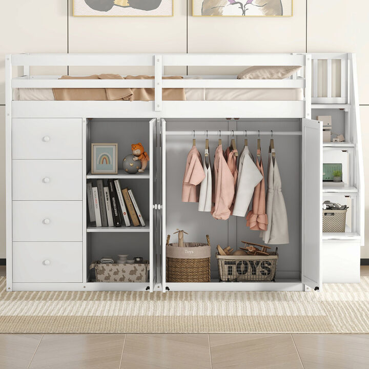 Merax Wood Loft Bed with Built-in Wardrobes