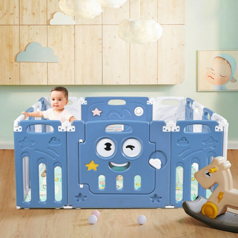 v14-Panel Foldable Baby Playpen Kids Activity Centre - Blue