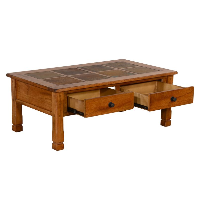 Marv Coffee Table, 2 Drawers, 49 Inch Rectangular w Brown Slate Inlay
