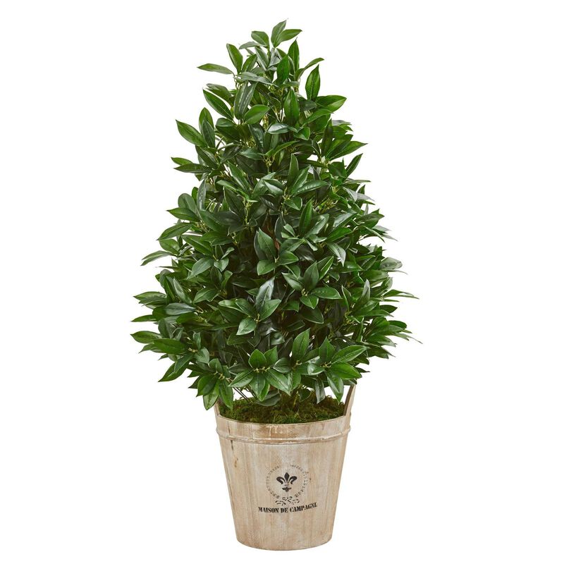 Nearly Natural 39-in Bay Leaf Cone Topiary Tree in Farmhouse Planter