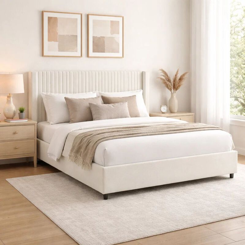 Nia Queen Bed, 2 Storage Drawers, Wingback Tufted Ivory Velvet Headboard image number 7