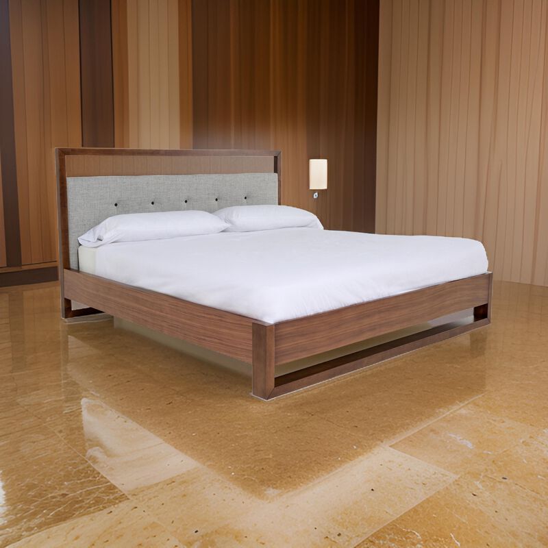 Cear King Size Bed, Gray Tufted Panel Headboard with Cutout, Gray Brown - Benzara