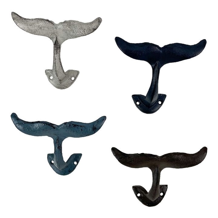 Set of 4 Colorful Cast Iron Whale Tail Wall Hooks - Decorative Nautical Coat, Towel or Clothing Hangers to Add a Charming Beachy Vibe to Your Home Decor