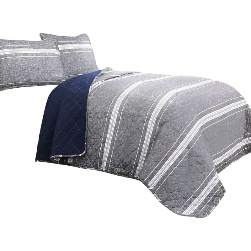 Stripe Motif 100% Cotton Reversible Quilt Coverlet Bedspread Set
