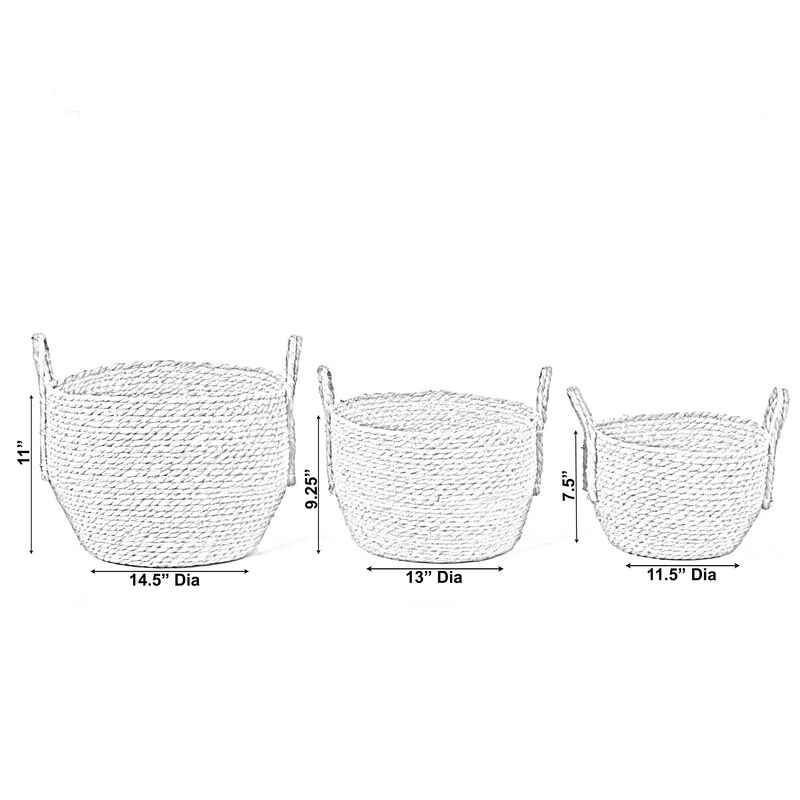 Decorative Round Wicker Woven Rope Storage Blanket Basket with Braided Handles - Set of 3