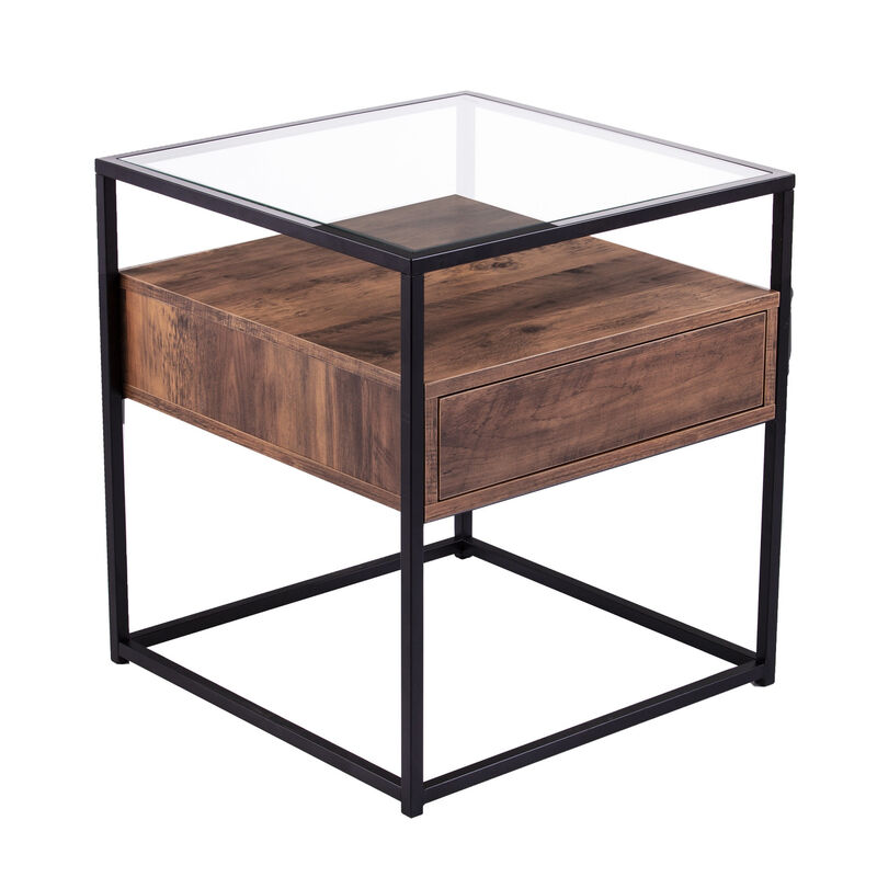 Hivvago 22 Inch Black Glass And Iron Square End Table With Drawer With Shelf