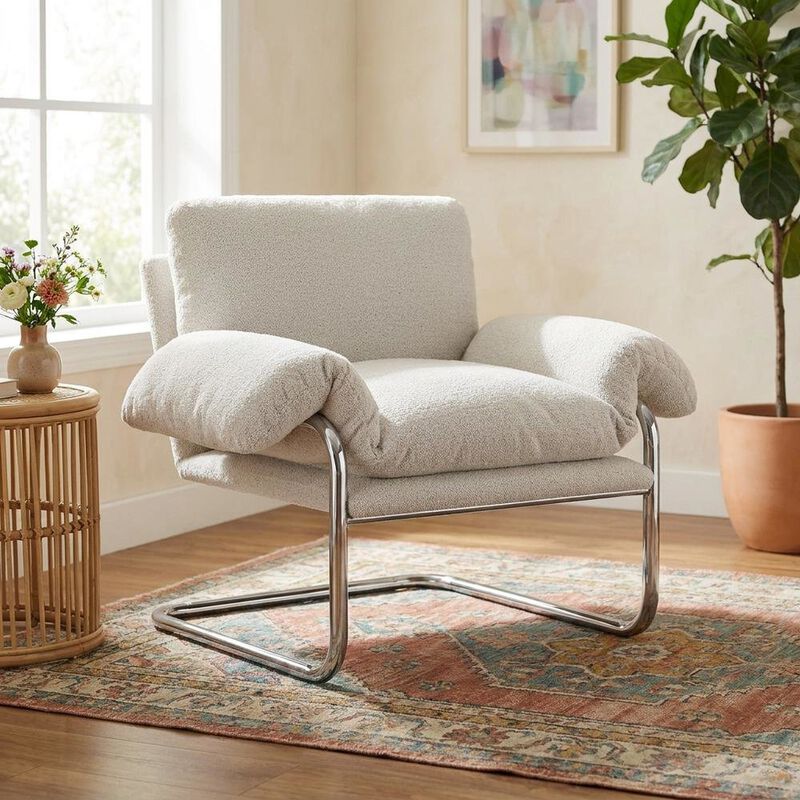 Boucle Fabric Accent Chair for Living Room, Bedroom, or Reading Nook, Newsprint image number 5