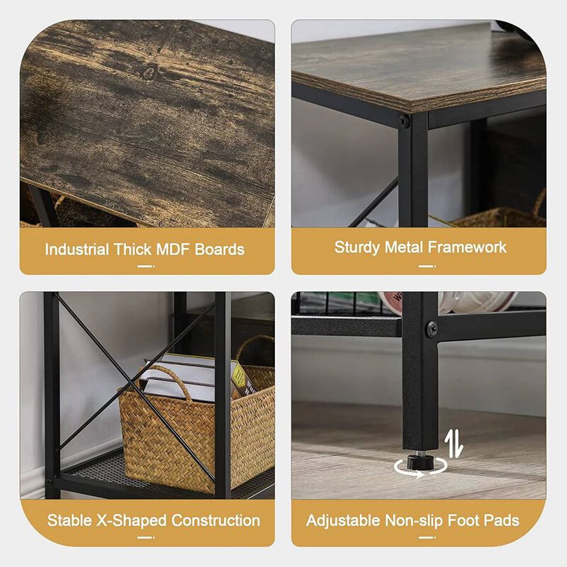 Metal and Wood Media Console Table with Open Storage Shelves