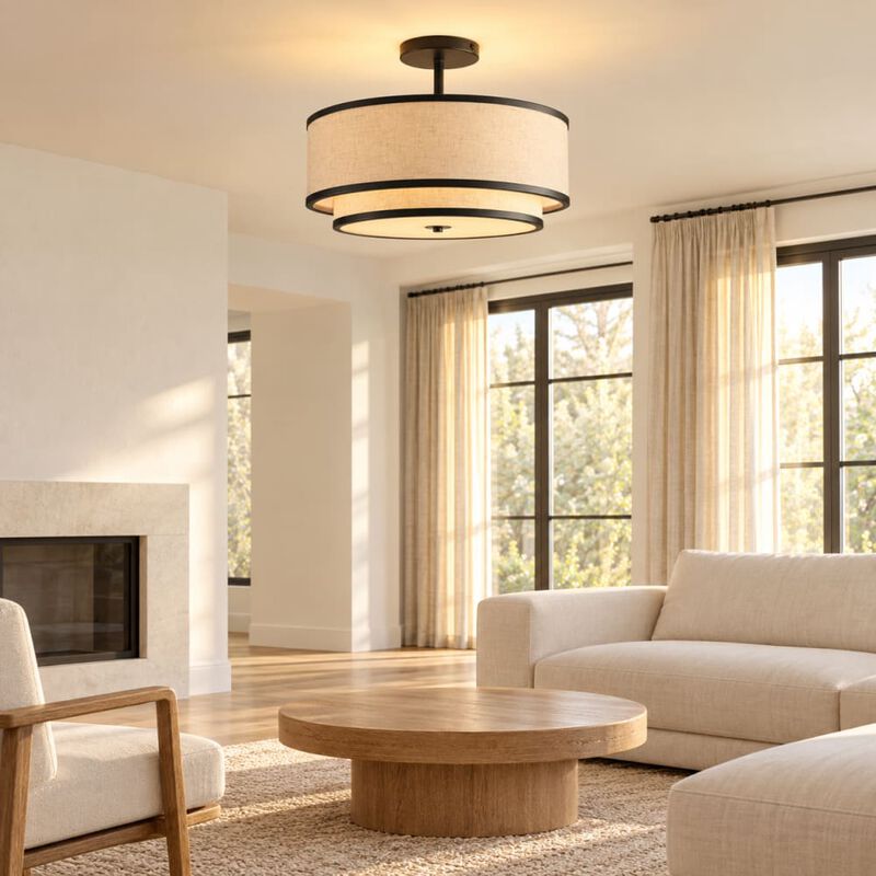 ELEMENT ACE 15 inch Modern Flush-Mount Ceiling Light Fixture with Fabric Shade and Gold Trim for Living Room, Bedroom, Dining Room image number 2