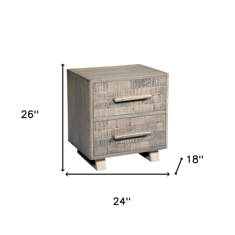 HomeRoots 26" Gray Solid Wood Carved Geometric Two Drawer Nightstand image number 6
