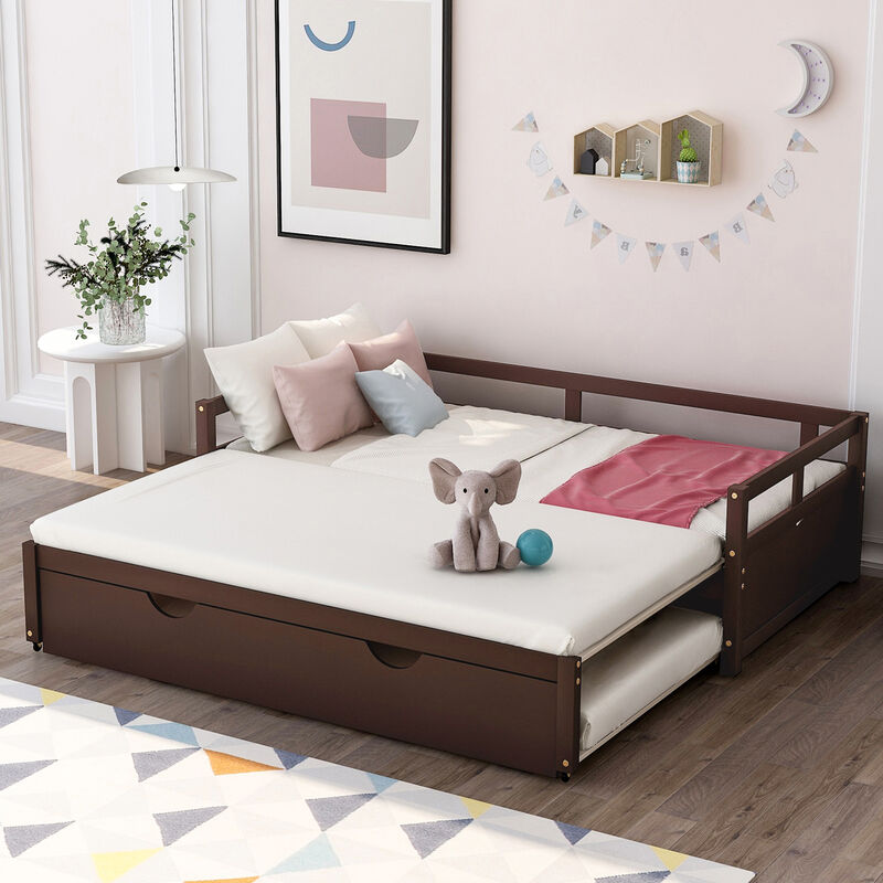Merax Versatile Extending Twin-to-King Size Daybed with Trundle Solid Pine Wood Frame Built-In Wood Slats No Box Spring Needed Smooth Casters image number 2