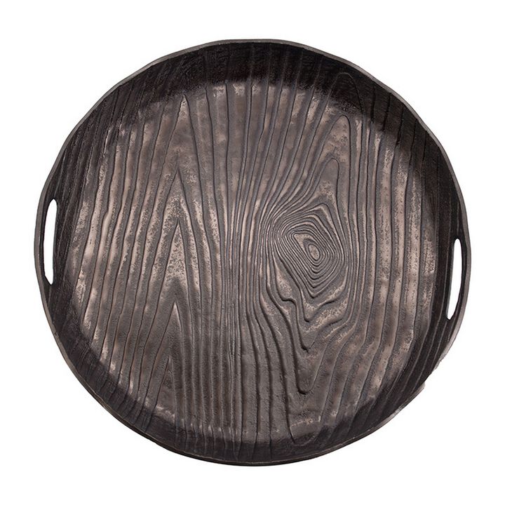 18 Inch Aluminum Decorative Tray, Cut Out Handles, Wood Grain Texturing - Benzara