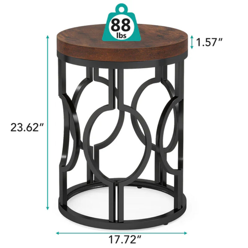 Industrial Round End Table, Side Table with Metal Hollow Frame image number 2