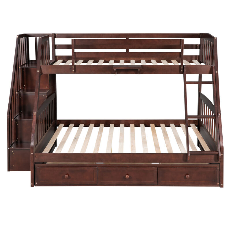 Twin-Over-Full Bunk Bed with Drawers, Ladder and Storage Staircase, Espresso