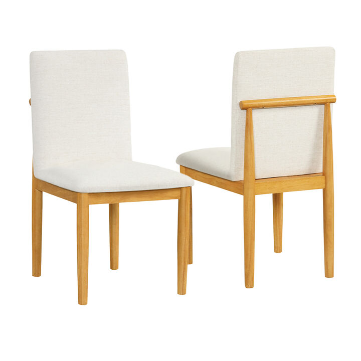 Side Dining Chair Set of 2, Solid Wood, Cream Textured Woven Fabric