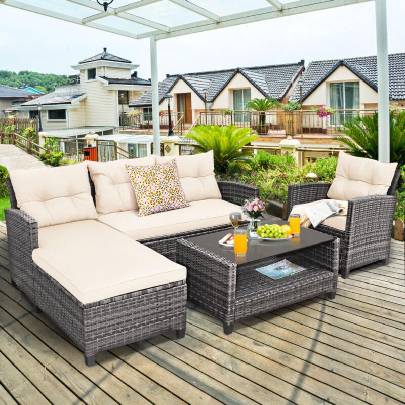 Hivvago 4 Pieces Patio Rattan Sofa Furniture Set with Cushion and 2-Tier Coffee Table