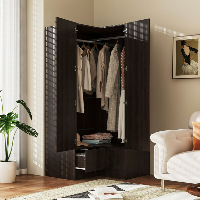 FUFU&GAGA Corner Wardrobe Closet with Adjustable Shelves and Drawers,(35.4" W x 35.4" D x 70.9" H), Dark Brown