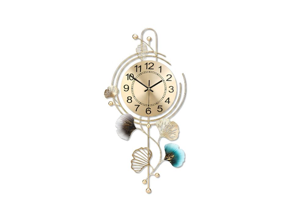 25" x 12" Elegant Metal Wall Clock - Silent Round Dial with Gold & Blue Leaves for Living Room & Office