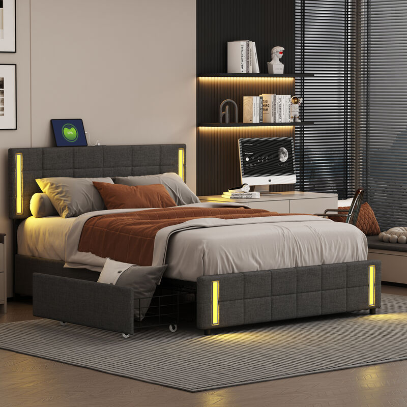 Merax Upholstered Platform Bed with LED Lights and USB Charging, Storage Bed with 4 Drawers image number 2