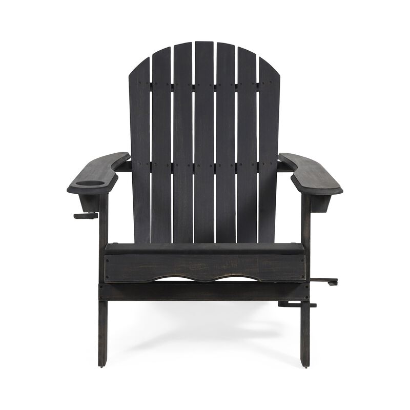 Outdoor Adirondack Chair with Cupholders, Foldable, Dark Gray Wood Finish - Benzara