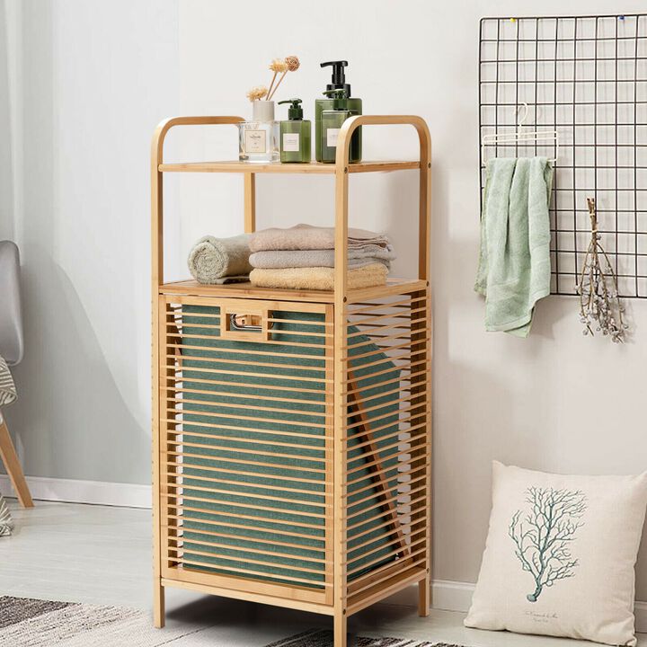 Tilt-out Bamboo Laundry Hamper  with 2-Tier Shelf and Removable Liner-Natural