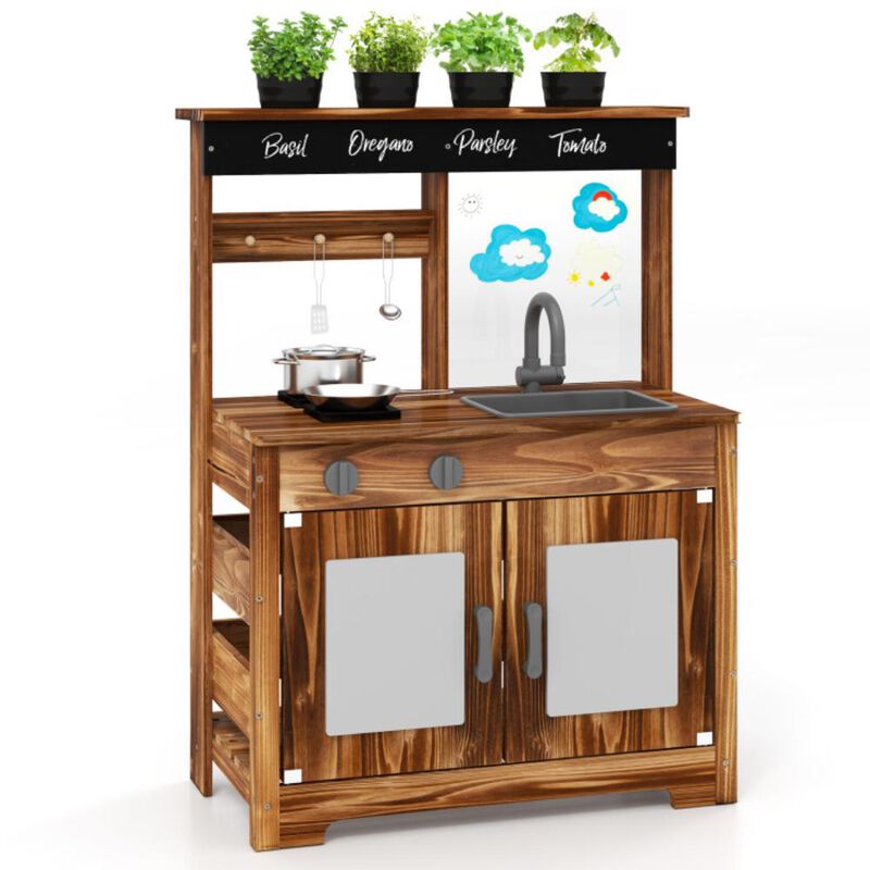 Hivvago Mud Kitchen Fir Wood Play Kitchen with 4 Panting Pots Faucet Removable Sink