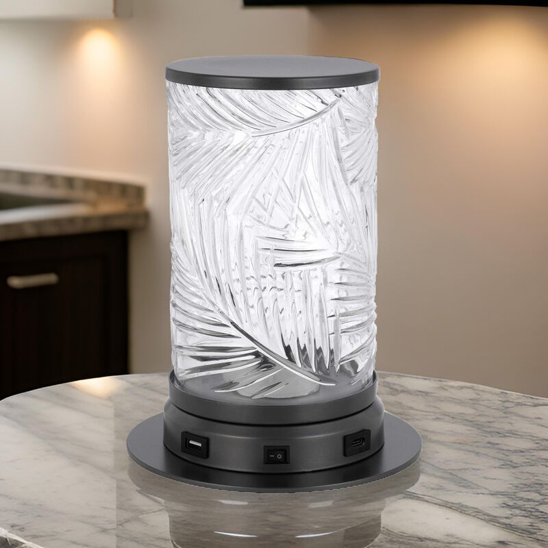 Hem 9 Inch Accent Lamp, LED, Leaf Pattern Glass Shade, Gray Metal Finish - Benzara