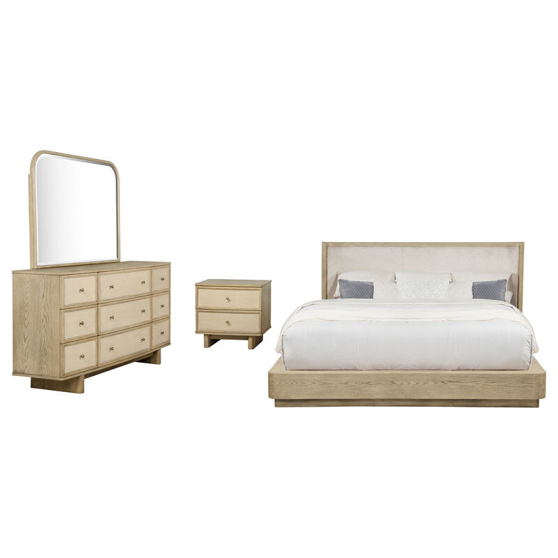 Lno 4pc Queen Bedroom Set, Resin Cane, Beige Wood, Beige Upholstery