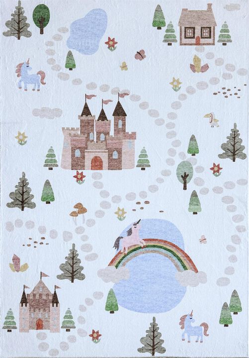 Soft Steps Playtime Unicorns, Castle, Road Map Pink White Indoor Soft Area Rug