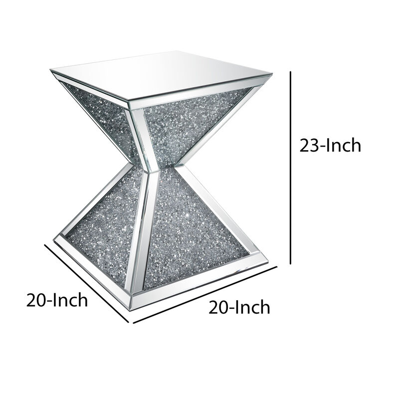 Sparkling End Table with Faux Diamonds Inlay , Silver and Clear