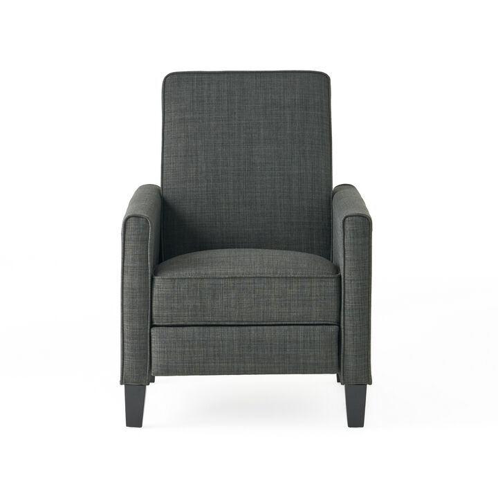 Zuca Pushback Recliner Club Chair, Premium Padded, Black Wood, Gray Linen - Benzara
