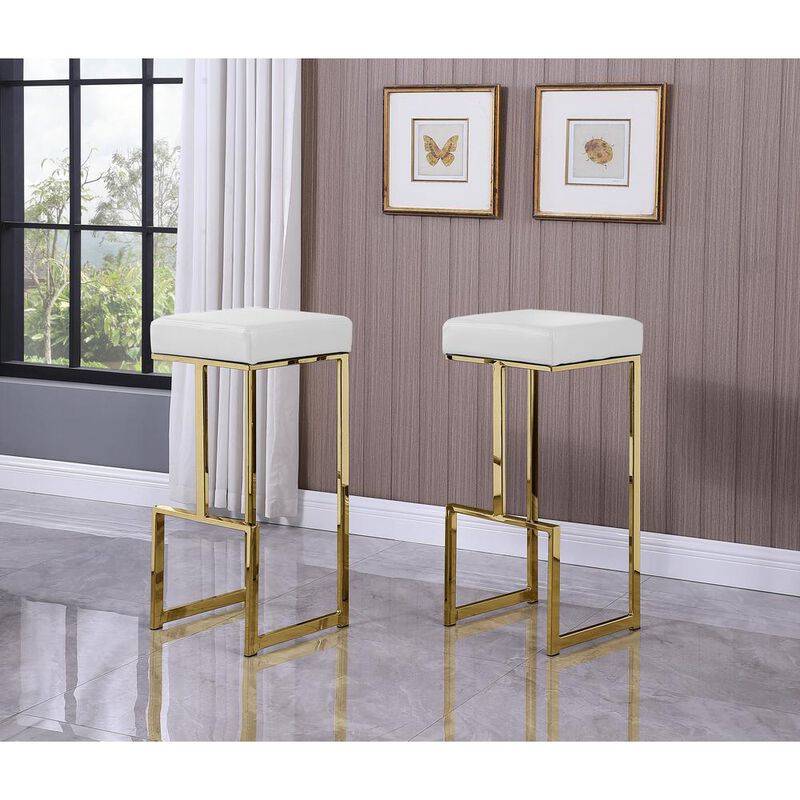 Best Master Furniture Dorrington Modern Faux Leather Backless Bar Stool in White/Gold (Set of 2)
