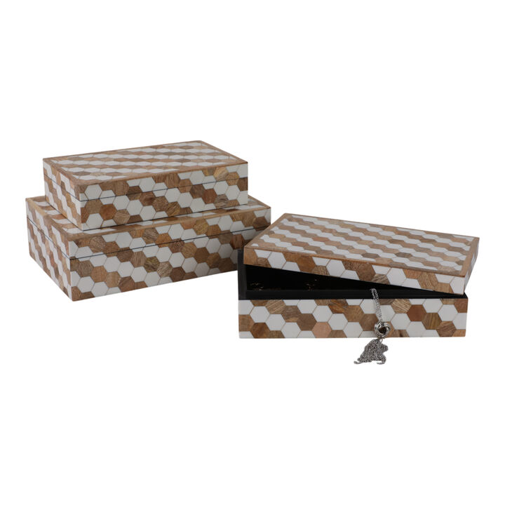 S/3 10/11/12" Hexagon Inlay Boxes, White