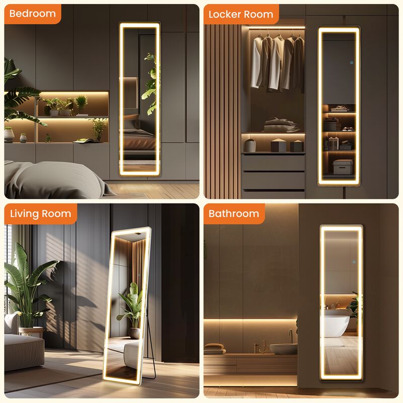 Full Length LED Mirror 60"x16", 3 Color Lighting Dressing Mirror with Touch Control, White