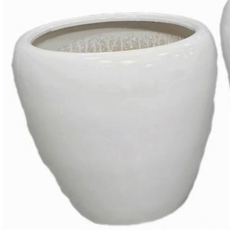 Garden Planter Set of 2, Modern Bowl Shaped Flower Pot, White Ceramic - Benzara